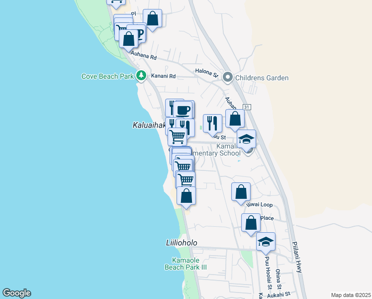 map of restaurants, bars, coffee shops, grocery stores, and more near 4 Leanihi Lane in Kihei