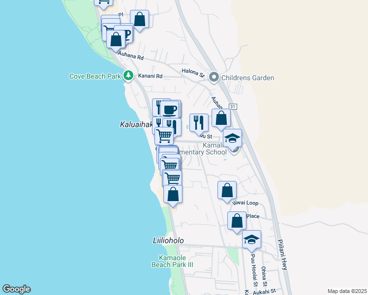 map of restaurants, bars, coffee shops, grocery stores, and more near 10 Upena Lane in Kihei