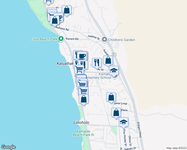 map of restaurants, bars, coffee shops, grocery stores, and more near 6 Lolupe Lane in Kihei