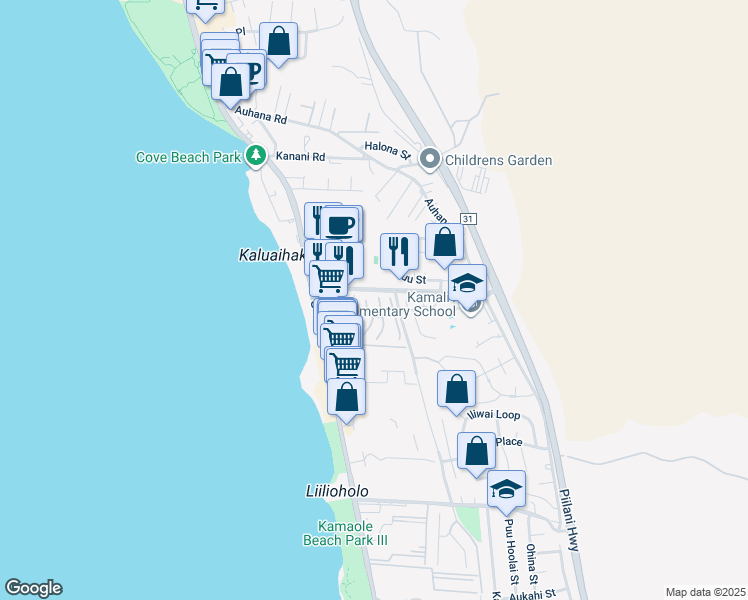 map of restaurants, bars, coffee shops, grocery stores, and more near 8 Kilolani Lane in Kihei