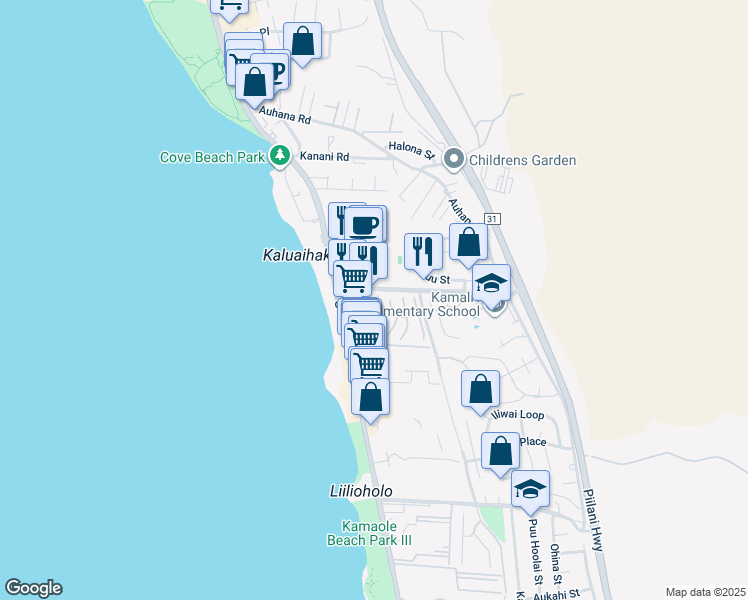 map of restaurants, bars, coffee shops, grocery stores, and more near 4 Leanihi Lane in Kihei