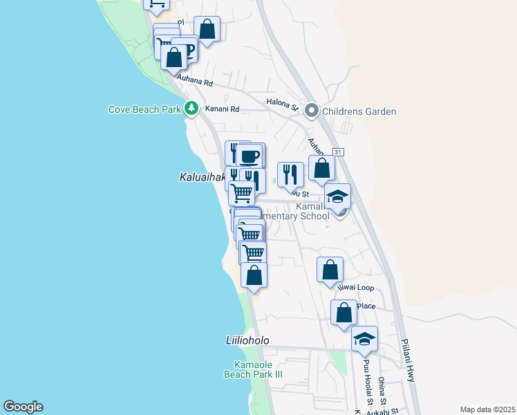 map of restaurants, bars, coffee shops, grocery stores, and more near 4 Leanihi Lane in Kihei