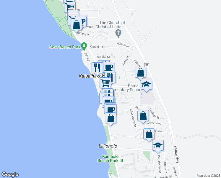 map of restaurants, bars, coffee shops, grocery stores, and more near 4 Leanihi Lane in Kihei