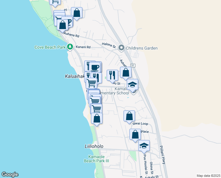 map of restaurants, bars, coffee shops, grocery stores, and more near 6 Lolupe Lane in Kihei