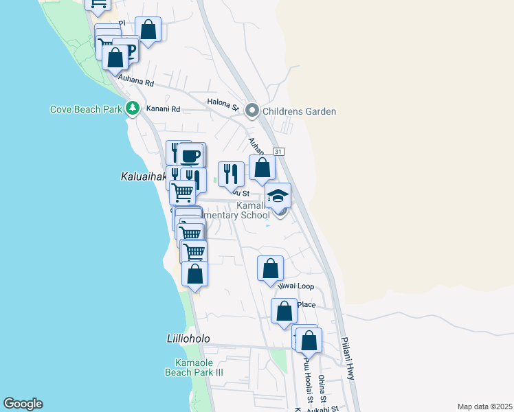 map of restaurants, bars, coffee shops, grocery stores, and more near 15 Hui Nene Way in Kihei