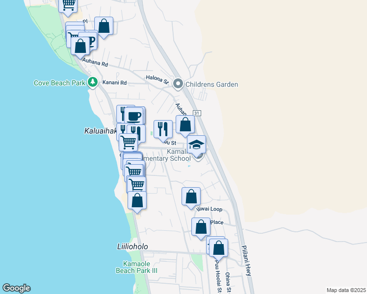 map of restaurants, bars, coffee shops, grocery stores, and more near 285 Kuli Puu Street in Kihei