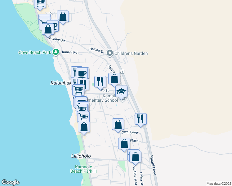 map of restaurants, bars, coffee shops, grocery stores, and more near 254 Kuli Puu Place in Kihei