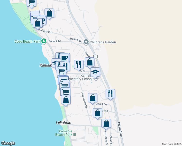map of restaurants, bars, coffee shops, grocery stores, and more near 254 Kuli Puu Place in Kihei