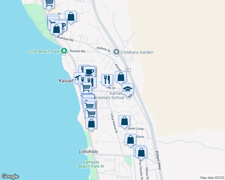map of restaurants, bars, coffee shops, grocery stores, and more near 206 Kuli Puu Street in Kihei
