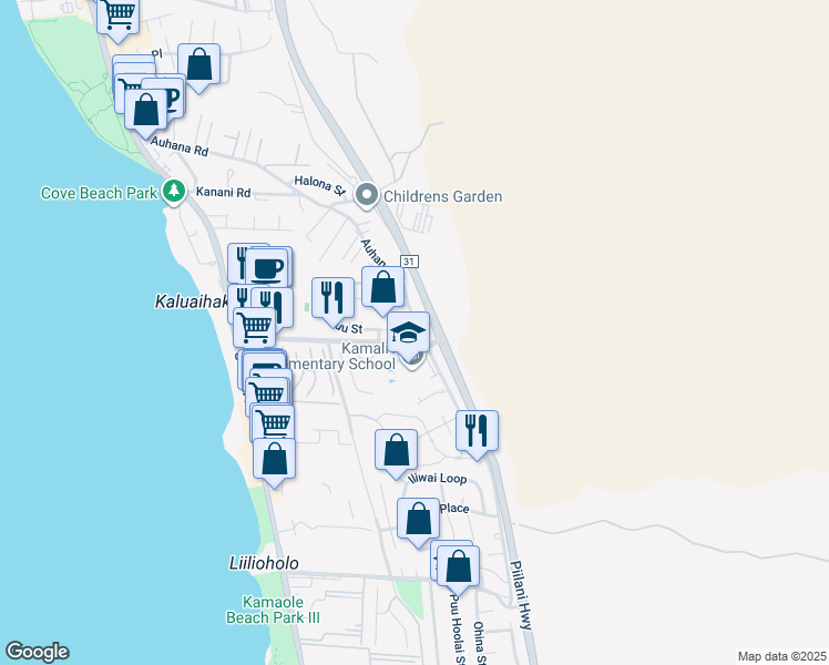 map of restaurants, bars, coffee shops, grocery stores, and more near 285 Kuli Puu Street in Kihei