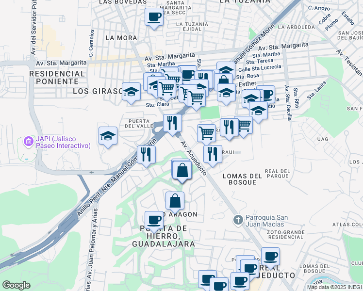 map of restaurants, bars, coffee shops, grocery stores, and more near 6075 Avenida Acueducto in Zapopan