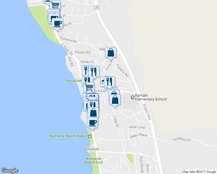 map of restaurants, bars, coffee shops, grocery stores, and more near 180 Kuli Puu Street in Kihei