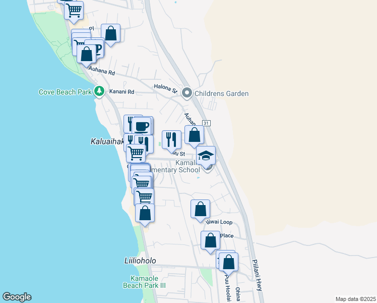 map of restaurants, bars, coffee shops, grocery stores, and more near 229 Kuli Puu Street in Kihei