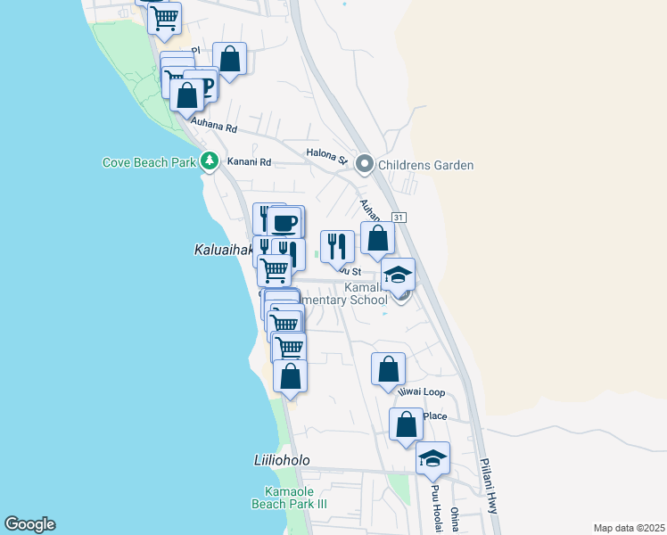 map of restaurants, bars, coffee shops, grocery stores, and more near 180 Kuli Puu Street in Kihei