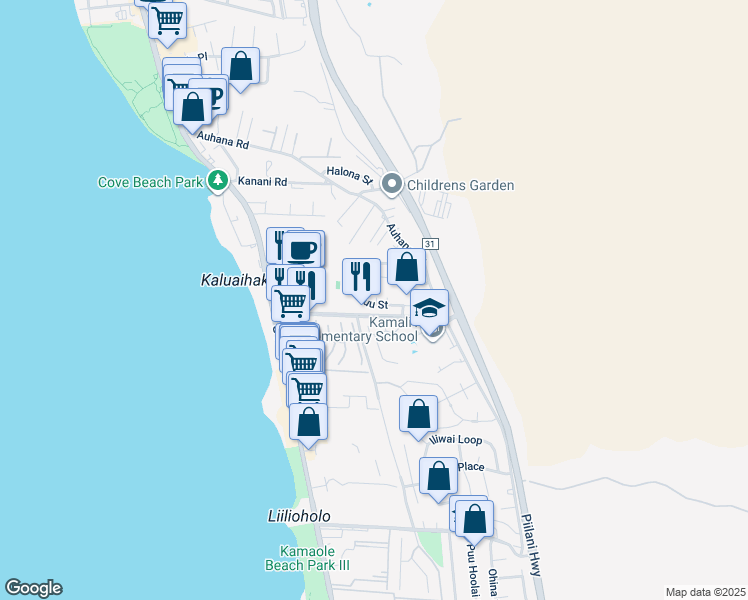 map of restaurants, bars, coffee shops, grocery stores, and more near 195 Kuli Puu Street in Kihei
