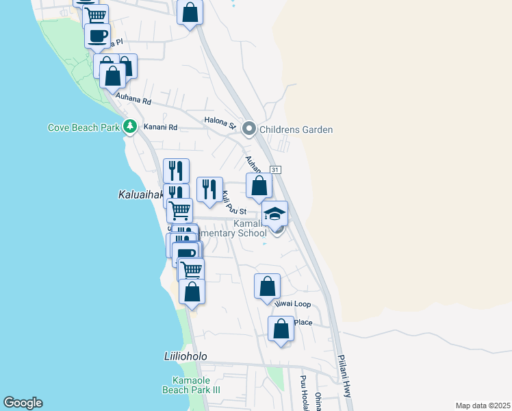 map of restaurants, bars, coffee shops, grocery stores, and more near 237 Kuli Puu Street in Kihei