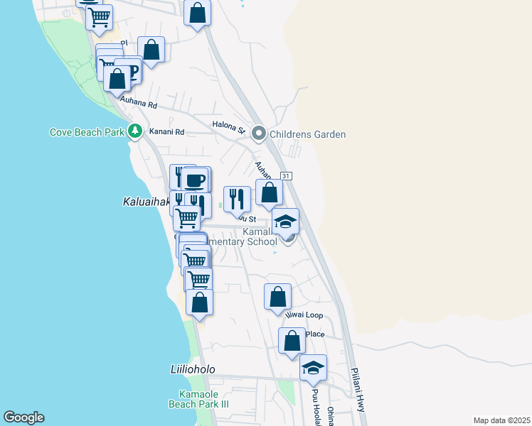 map of restaurants, bars, coffee shops, grocery stores, and more near 237 Kuli Puu Street in Kihei