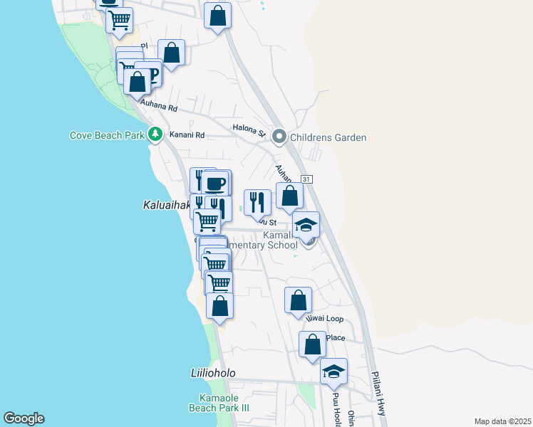 map of restaurants, bars, coffee shops, grocery stores, and more near 203 Kuli Puu Street in Kihei