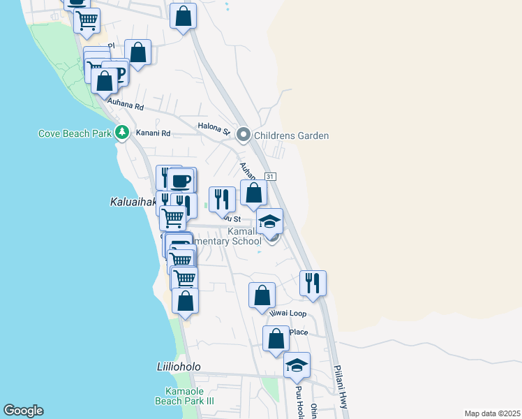 map of restaurants, bars, coffee shops, grocery stores, and more near 17 Kuli Puu Street in Kihei