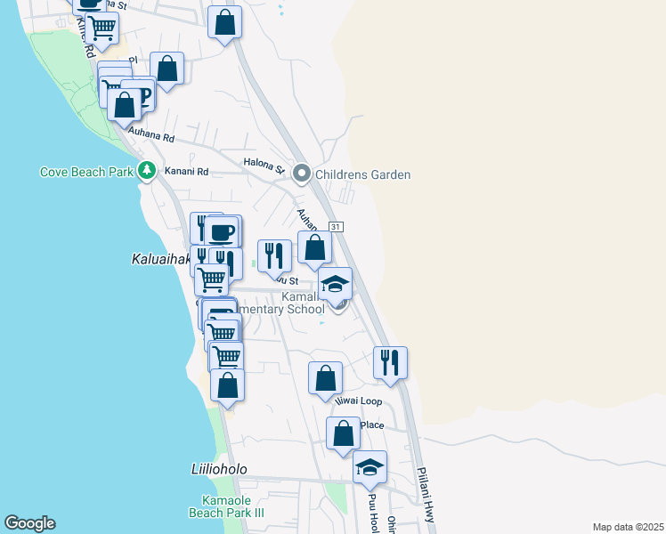 map of restaurants, bars, coffee shops, grocery stores, and more near 9 Kuli Puu Street in Kihei