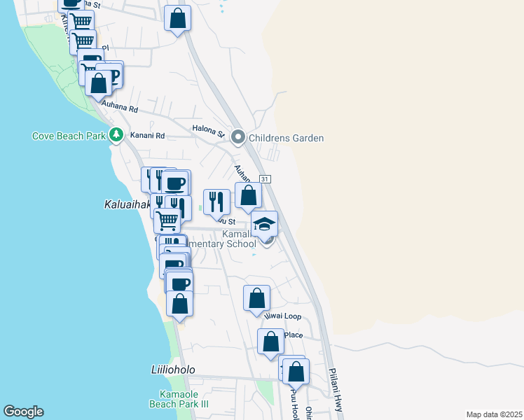 map of restaurants, bars, coffee shops, grocery stores, and more near 9 Kuli Puu Street in Kihei