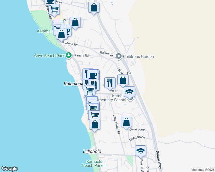 map of restaurants, bars, coffee shops, grocery stores, and more near 160 Kuli Puu Street in Kihei