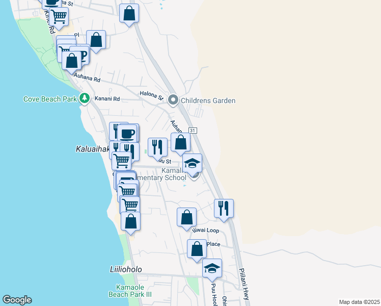 map of restaurants, bars, coffee shops, grocery stores, and more near 9 Kuli Puu Street in Kihei