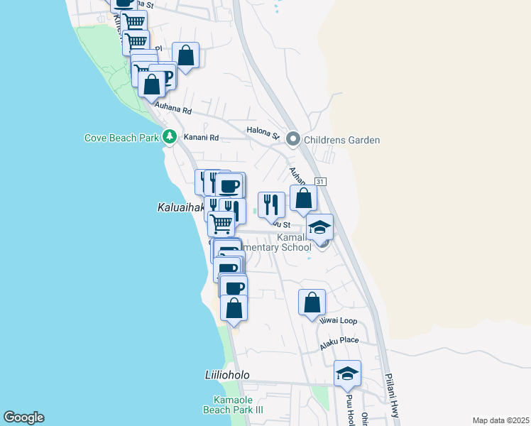 map of restaurants, bars, coffee shops, grocery stores, and more near 160 Kuli Puu Street in Kihei