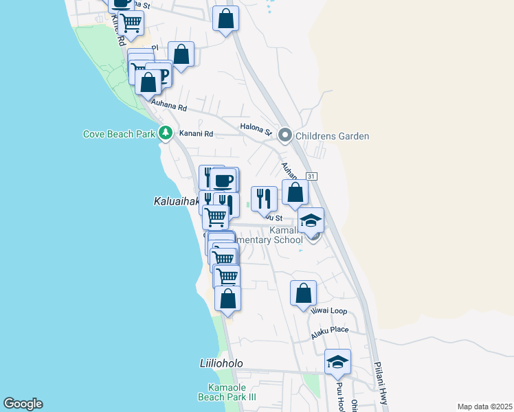 map of restaurants, bars, coffee shops, grocery stores, and more near 160 Kuli Puu Street in Kihei