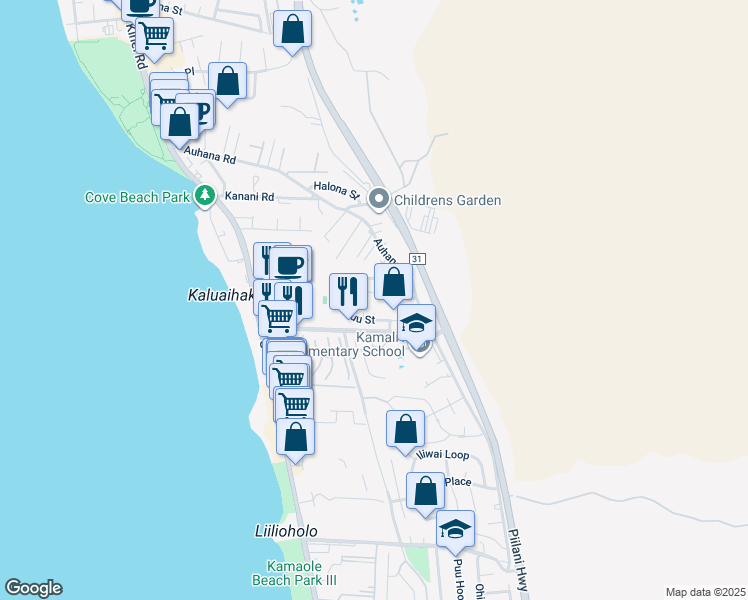 map of restaurants, bars, coffee shops, grocery stores, and more near 15 Mahalo Nui Place in Kihei