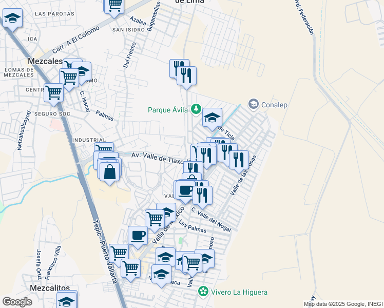 map of restaurants, bars, coffee shops, grocery stores, and more near 130 Calle Valle de Zirahuen in Mezcales