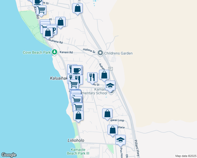 map of restaurants, bars, coffee shops, grocery stores, and more near 15 Mahalo Nui Place in Kihei