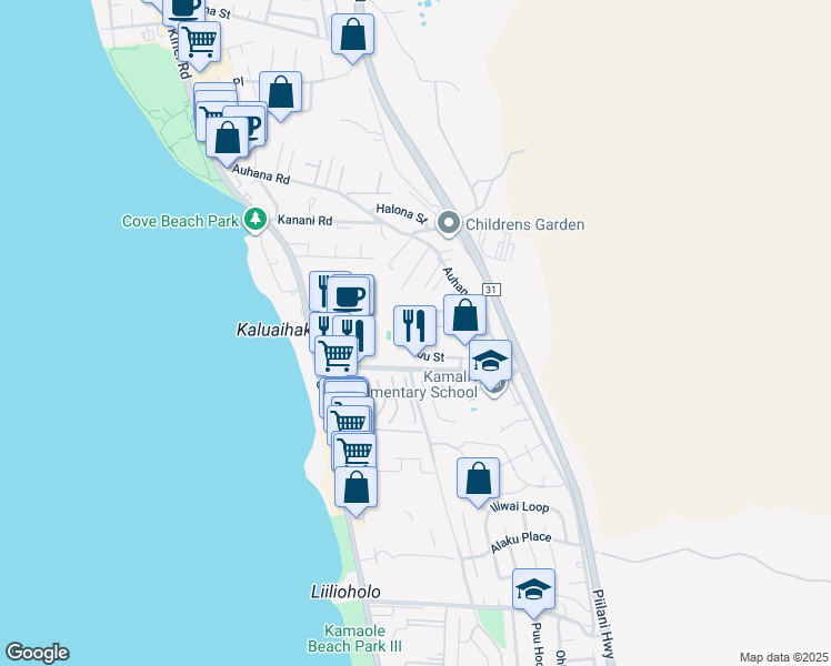 map of restaurants, bars, coffee shops, grocery stores, and more near 159 Kuli Puu Street in Kihei