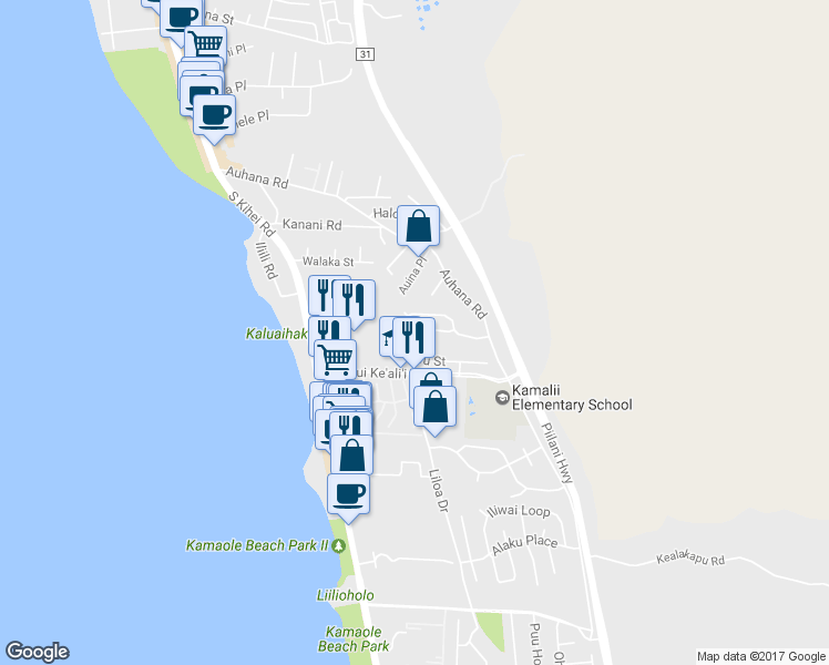map of restaurants, bars, coffee shops, grocery stores, and more near 155 Kuli Puu Street in Kihei