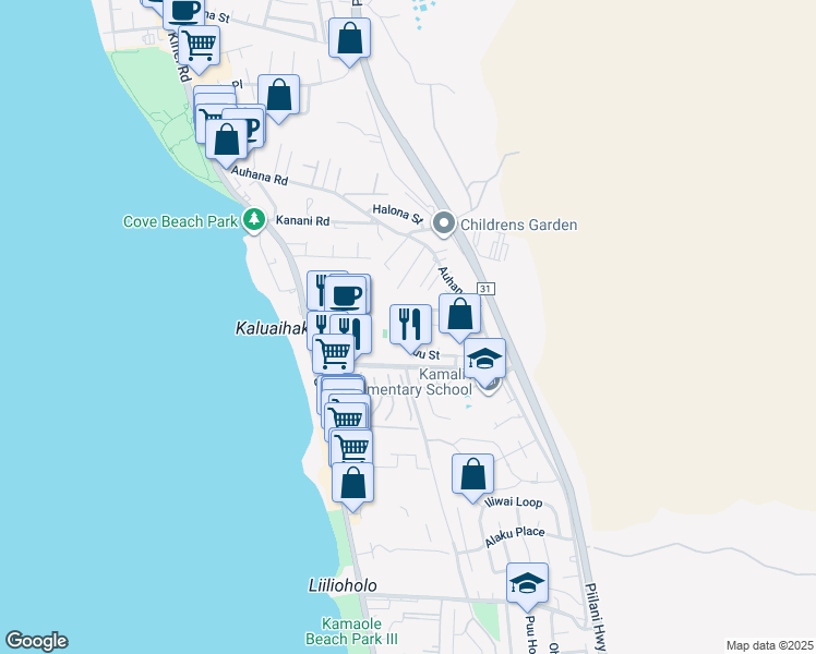 map of restaurants, bars, coffee shops, grocery stores, and more near 155 Kuli Puu Street in Kihei