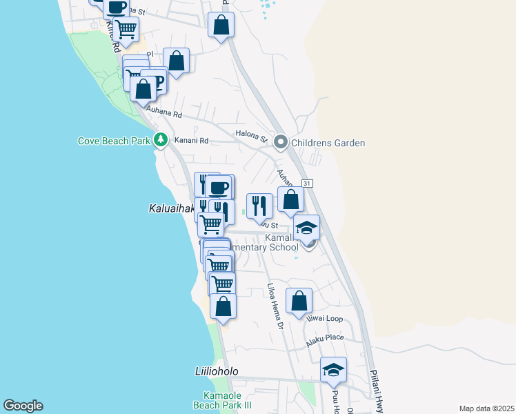 map of restaurants, bars, coffee shops, grocery stores, and more near 155 Kuli Puu Street in Kihei