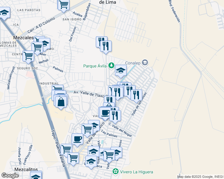map of restaurants, bars, coffee shops, grocery stores, and more near 130 Calle Valle de Zirahuen in Mezcales