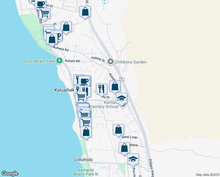 map of restaurants, bars, coffee shops, grocery stores, and more near 26 Mahalo Nui Place in Kihei