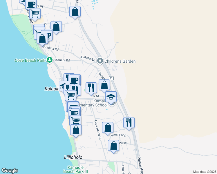 map of restaurants, bars, coffee shops, grocery stores, and more near 2260 Kanakanui Road in Kihei