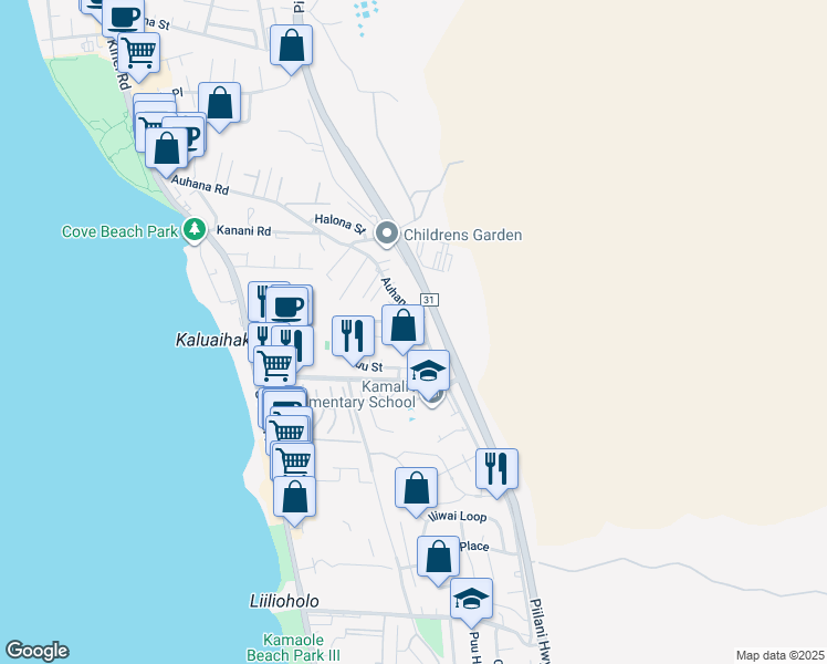 map of restaurants, bars, coffee shops, grocery stores, and more near 408 Auhana Road in Kihei