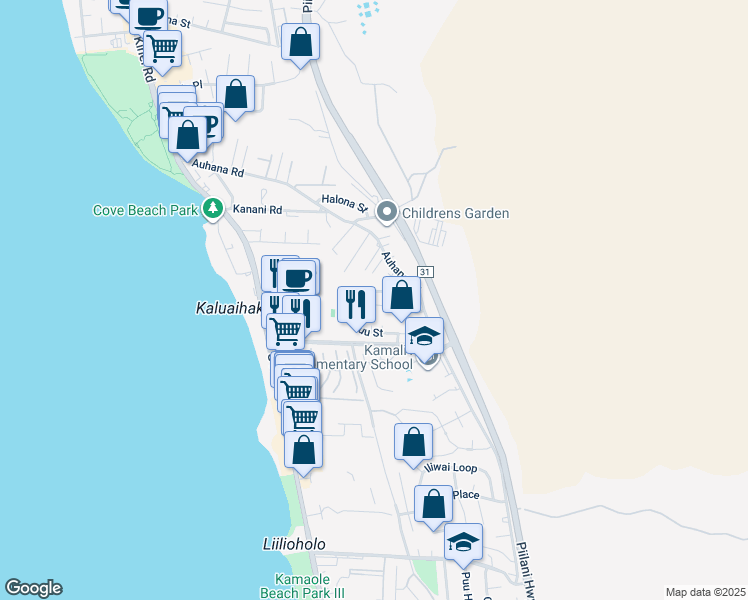 map of restaurants, bars, coffee shops, grocery stores, and more near 26 Mahalo Nui Place in Kihei