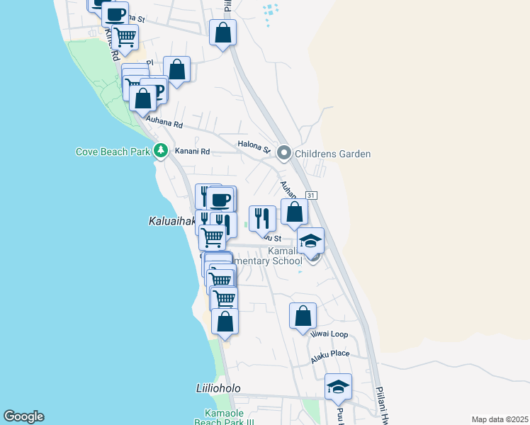 map of restaurants, bars, coffee shops, grocery stores, and more near 111 Kuli Puu Street in Kihei