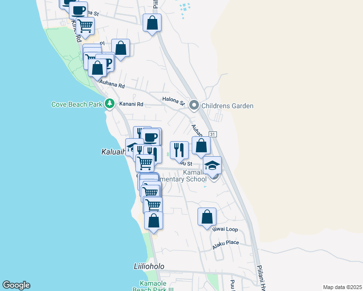 map of restaurants, bars, coffee shops, grocery stores, and more near 111 Kuli Puu Street in Kihei