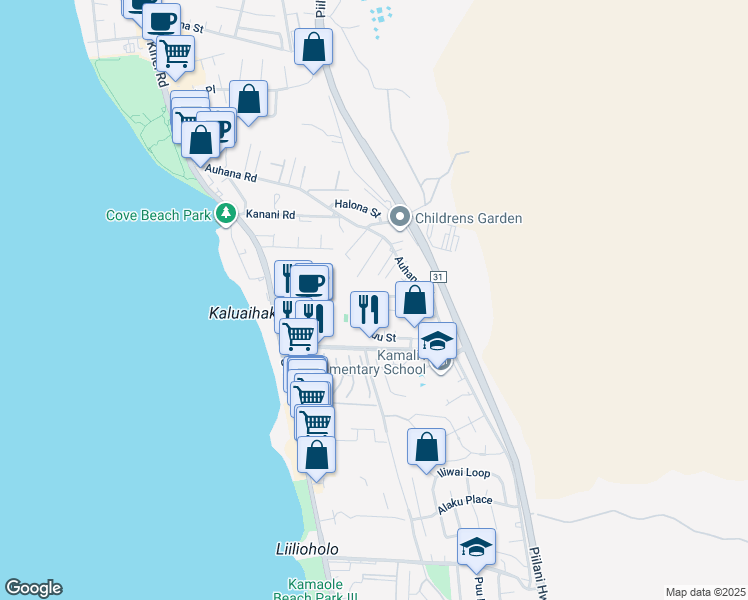 map of restaurants, bars, coffee shops, grocery stores, and more near 111 Kuli Puu Street in Kihei