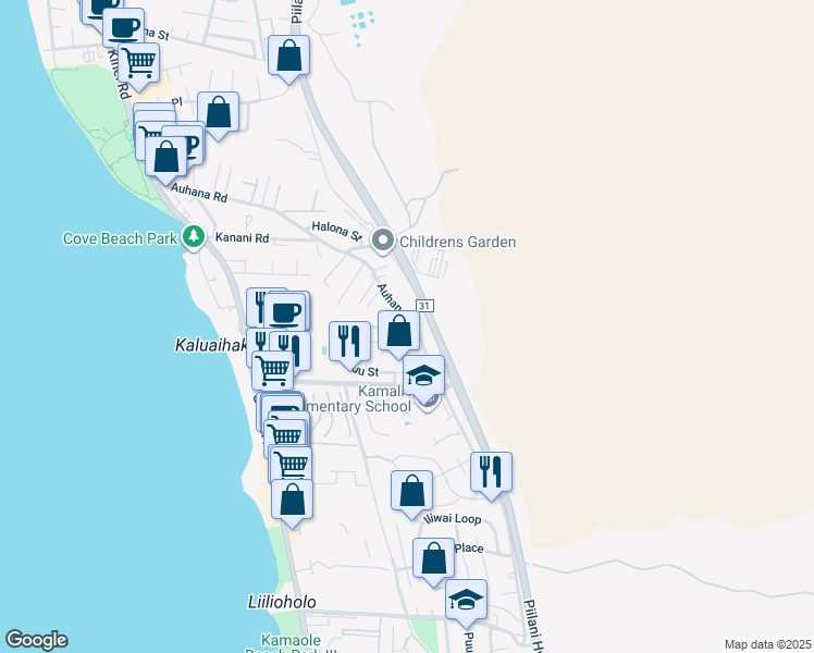 map of restaurants, bars, coffee shops, grocery stores, and more near 402 Auhana Road in Kihei