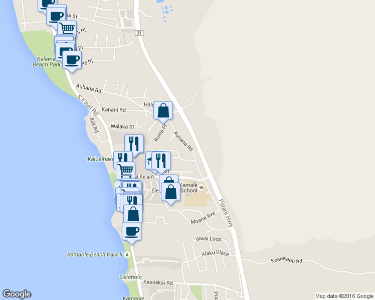 map of restaurants, bars, coffee shops, grocery stores, and more near 402 Auhana Road in Kihei