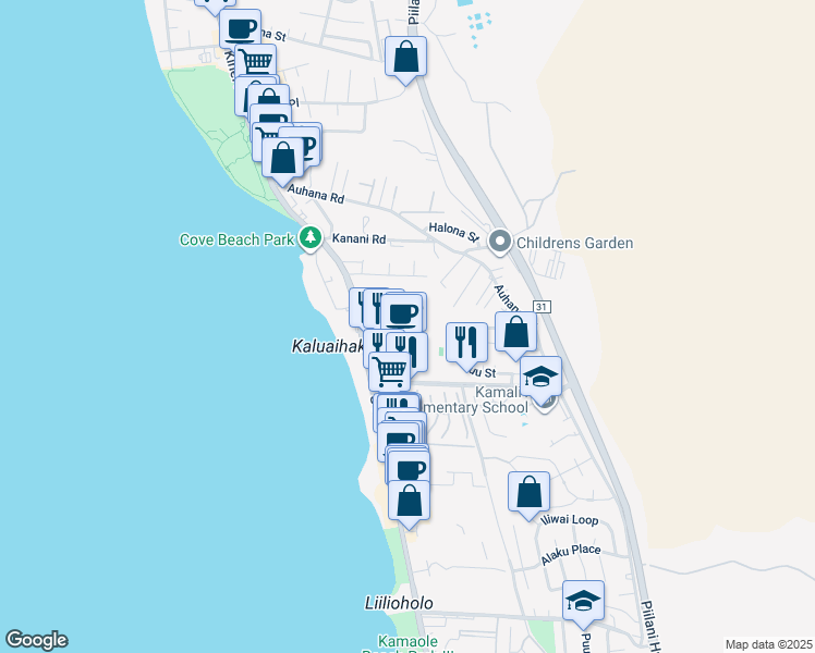 map of restaurants, bars, coffee shops, grocery stores, and more near 2219 South Kihei Road in Kihei