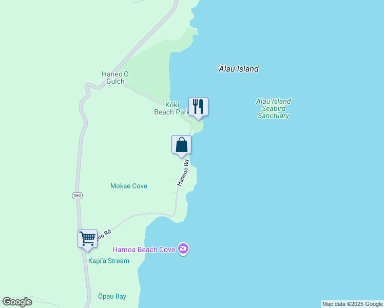 map of restaurants, bars, coffee shops, grocery stores, and more near 355 Haneoo Road in Hana
