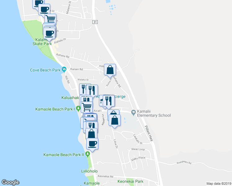 map of restaurants, bars, coffee shops, grocery stores, and more near 82 Kuli Puu Street in Kihei