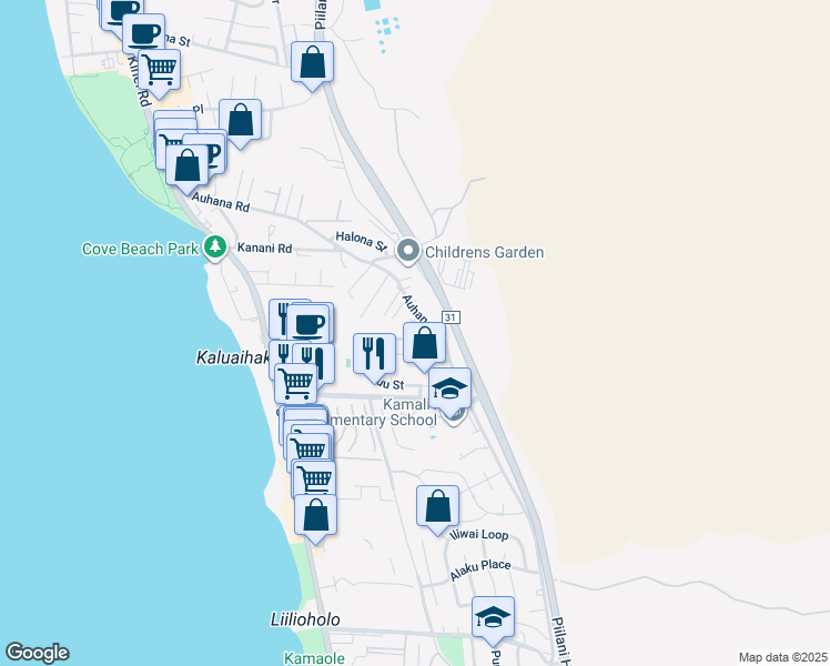 map of restaurants, bars, coffee shops, grocery stores, and more near 70 Kuli Puu Street in Kihei